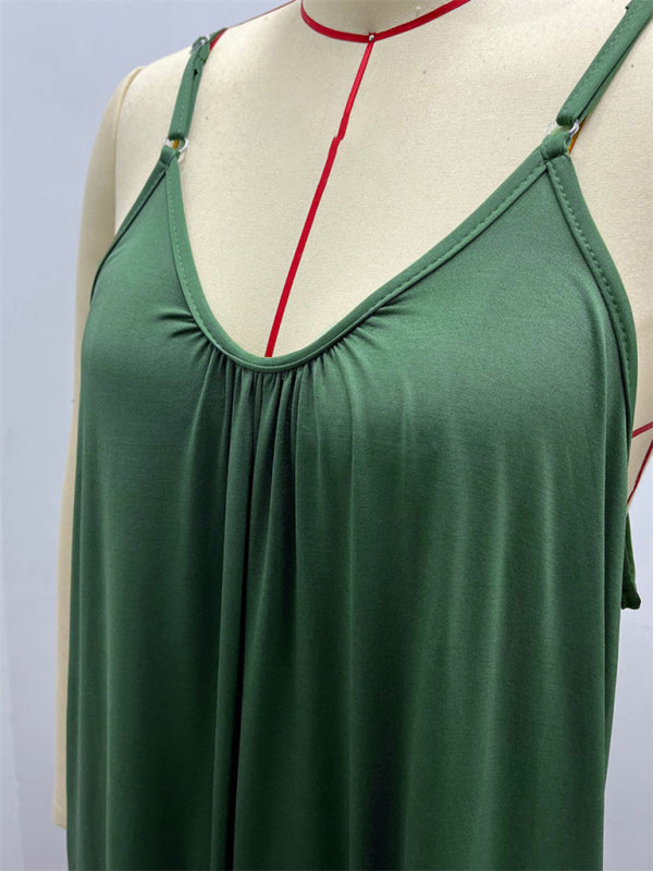 Solid color side pocket loose casual suspender jumpsuit