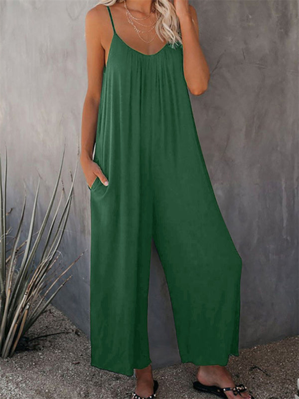 Solid color side pocket loose casual suspender jumpsuit