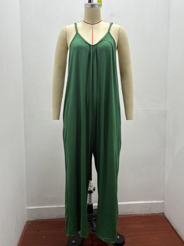 Solid color side pocket loose casual suspender jumpsuit