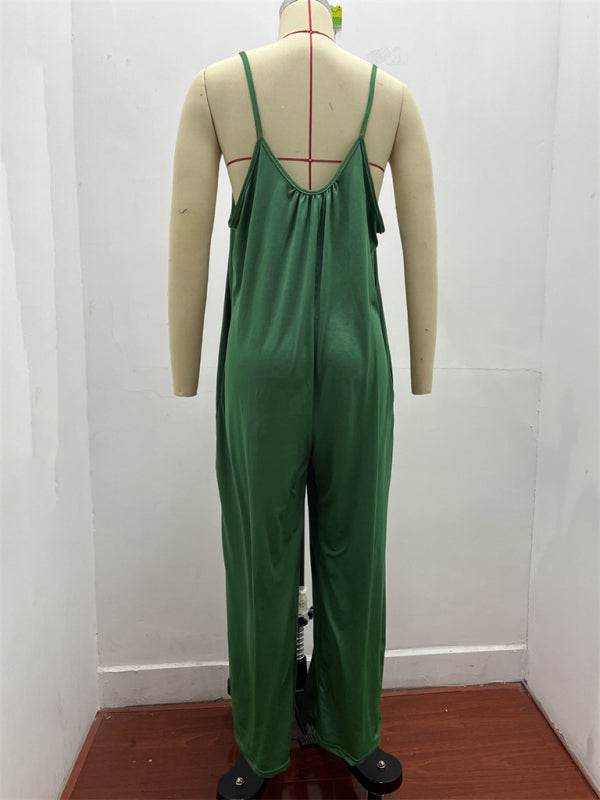 Solid color side pocket loose casual suspender jumpsuit