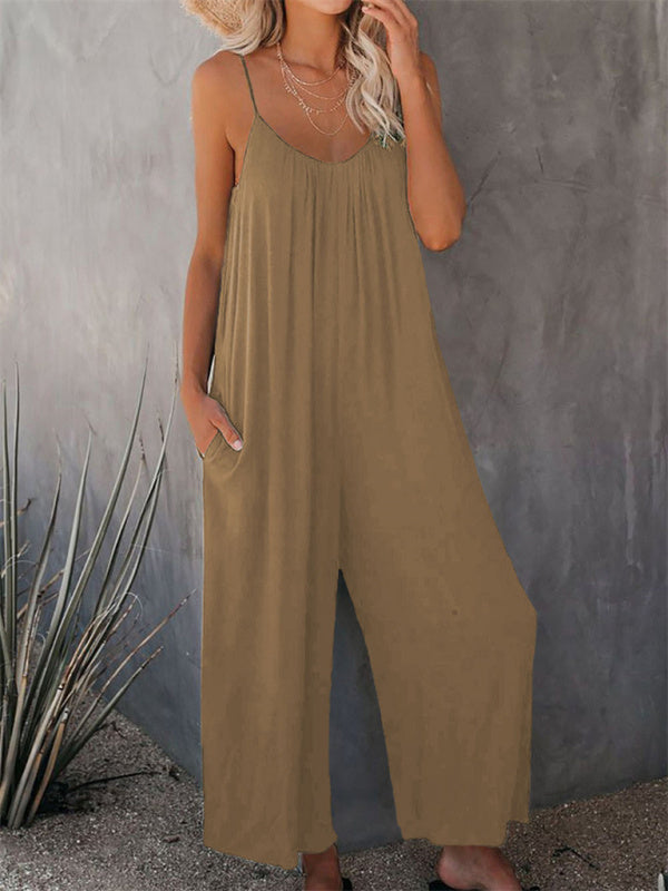 Solid color side pocket loose casual suspender jumpsuit
