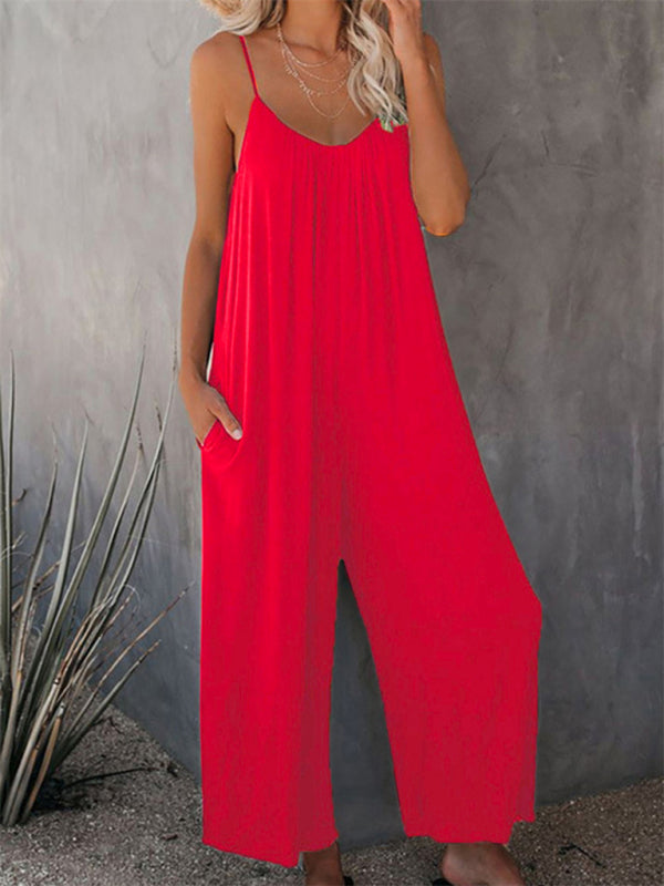 Solid color side pocket loose casual suspender jumpsuit