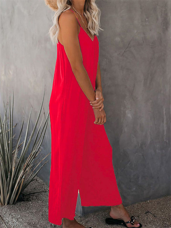 Solid color side pocket loose casual suspender jumpsuit