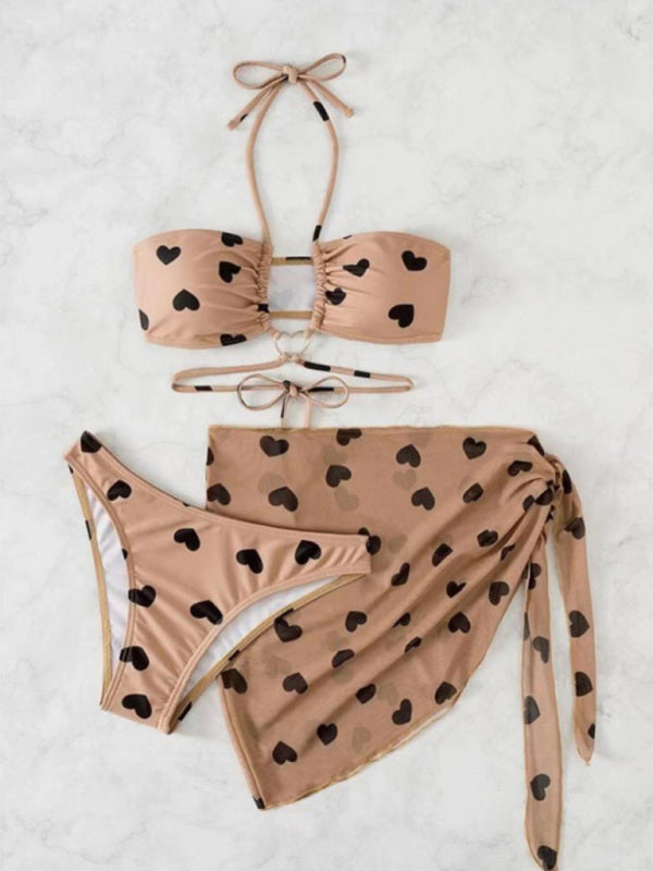Women's love print bikini three-piece set