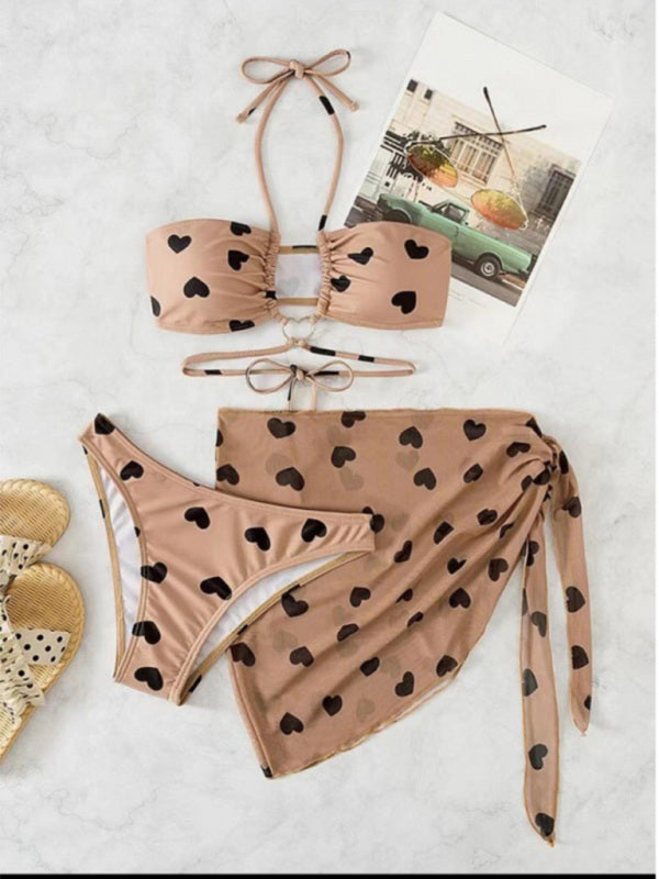 Women's love print bikini three-piece set