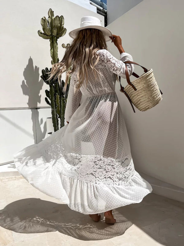 Women's chiffon stitching lace long cover-up