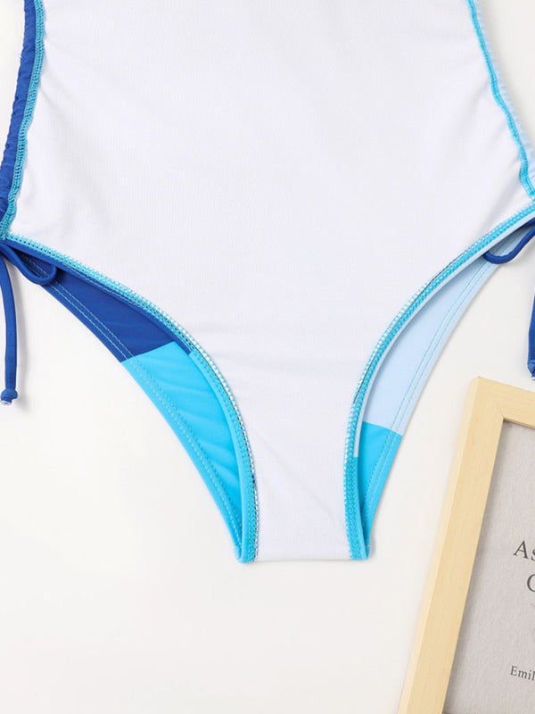 New One-Piece Multicolor Stitching Drawstring Corrugated Ladies Swimsuit