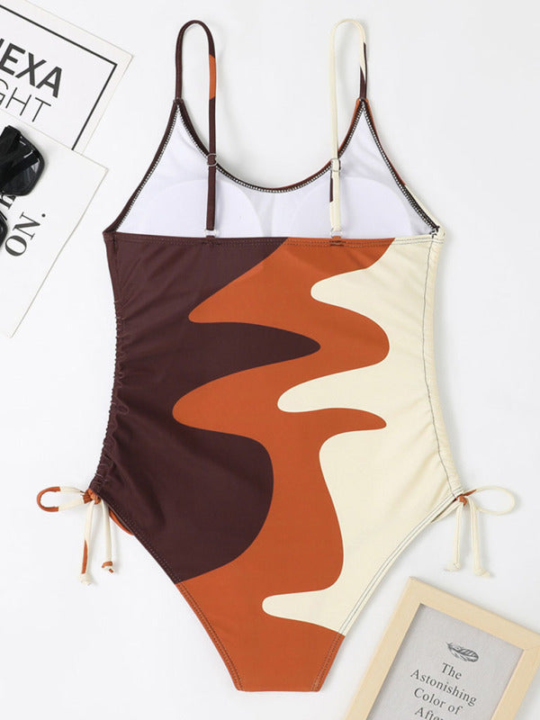 New One-Piece Multicolor Stitching Drawstring Corrugated Ladies Swimsuit