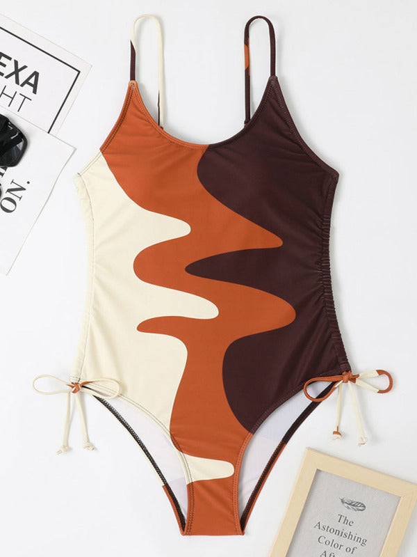 New One-Piece Multicolor Stitching Drawstring Corrugated Ladies Swimsuit