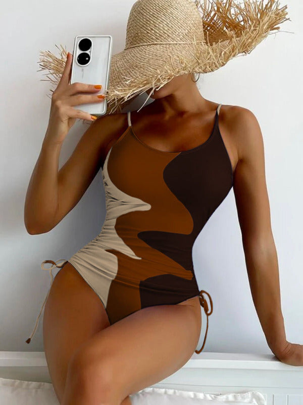 New One-Piece Multicolor Stitching Drawstring Corrugated Ladies Swimsuit