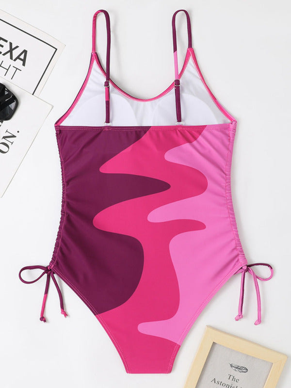 New One-Piece Multicolor Stitching Drawstring Corrugated Ladies Swimsuit