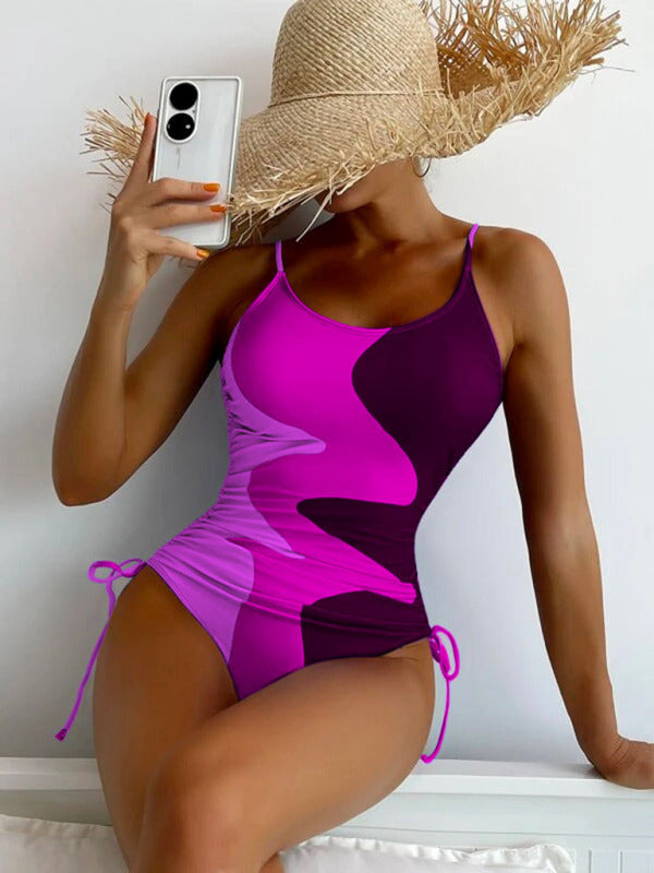 New One-Piece Multicolor Stitching Drawstring Corrugated Ladies Swimsuit