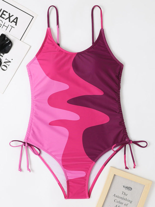 New One-Piece Multicolor Stitching Drawstring Corrugated Ladies Swimsuit