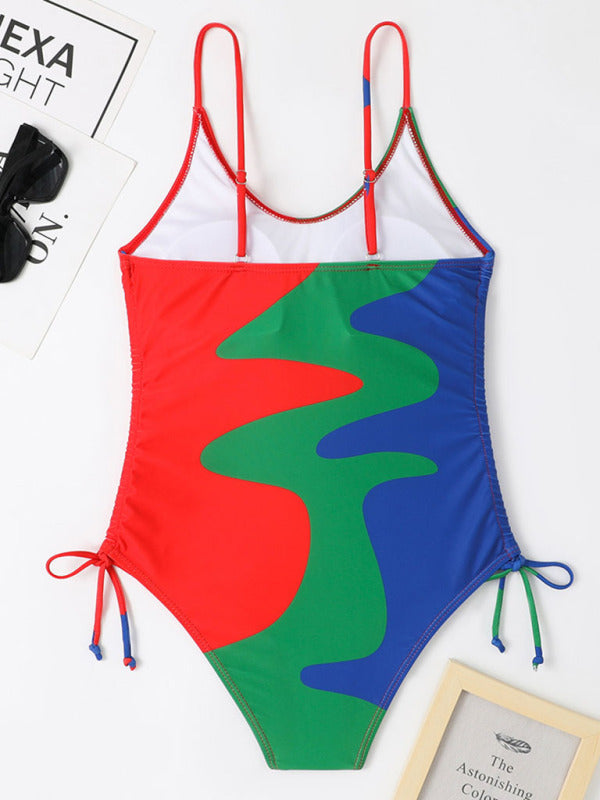 New One-Piece Multicolor Stitching Drawstring Corrugated Ladies Swimsuit