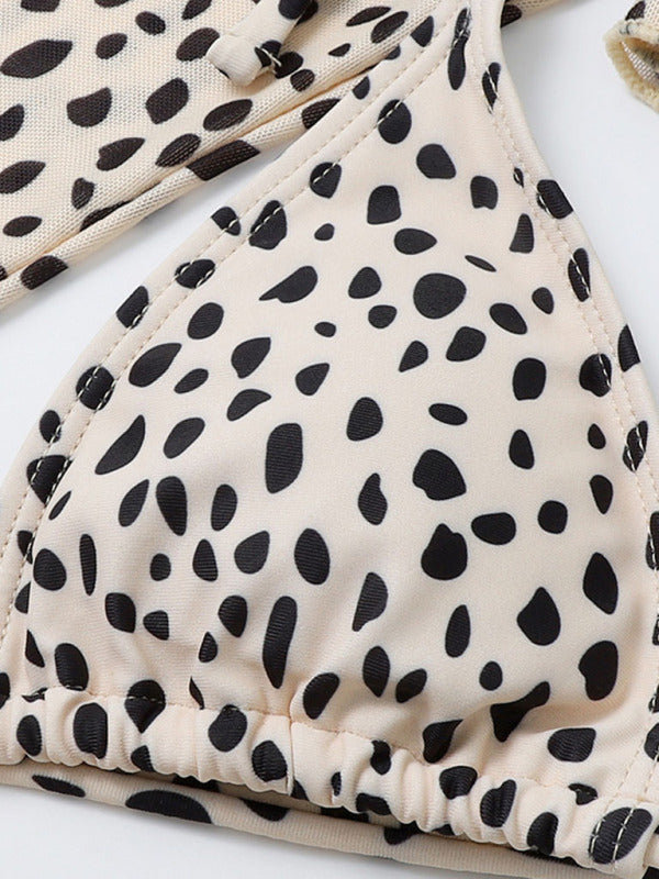 New long-sleeved mesh jacket three-piece leopard print sexy bikini swimsuit