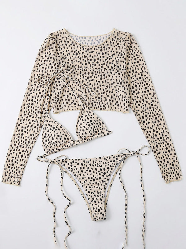 New long-sleeved mesh jacket three-piece leopard print sexy bikini swimsuit