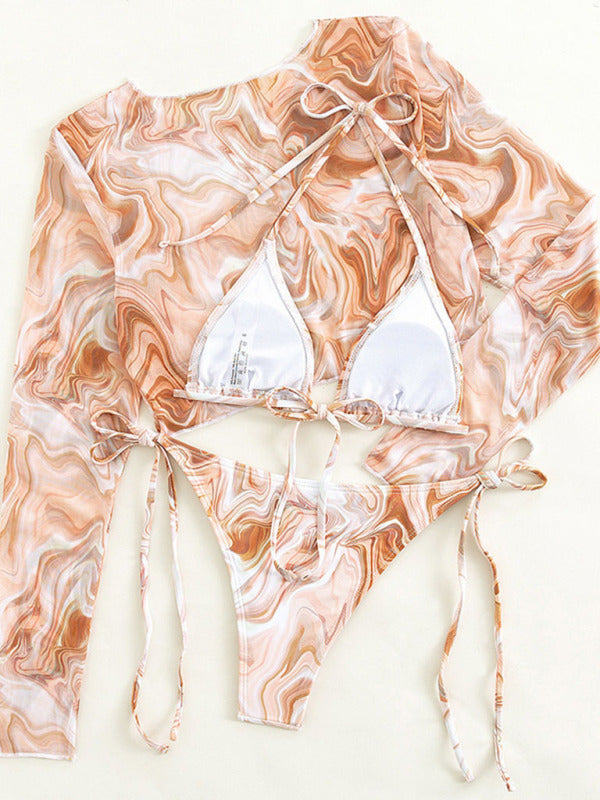 New long-sleeved mesh jacket three-piece leopard print sexy bikini swimsuit