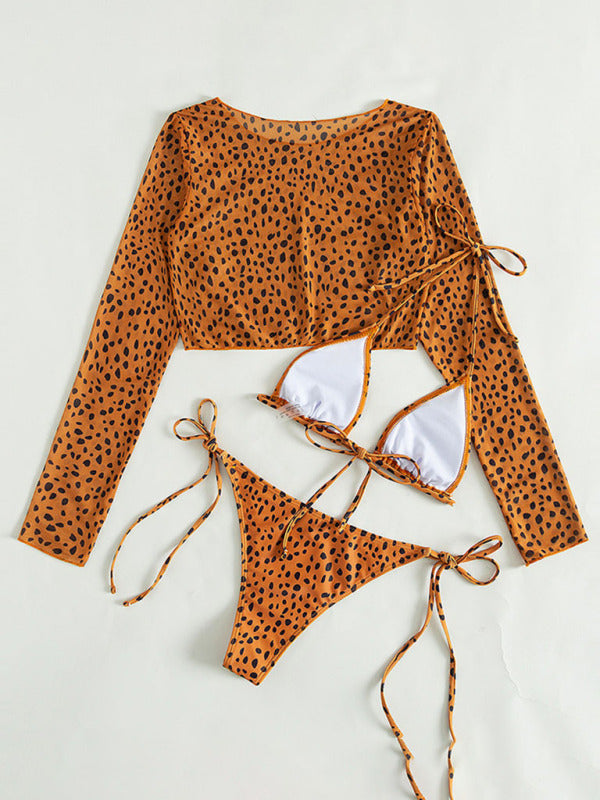 New long-sleeved mesh jacket three-piece leopard print sexy bikini swimsuit