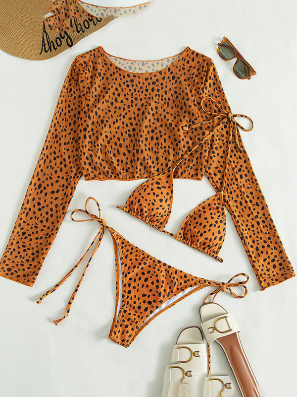 New long-sleeved mesh jacket three-piece leopard print sexy bikini swimsuit
