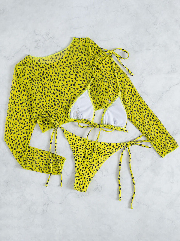 New long-sleeved mesh jacket three-piece leopard print sexy bikini swimsuit
