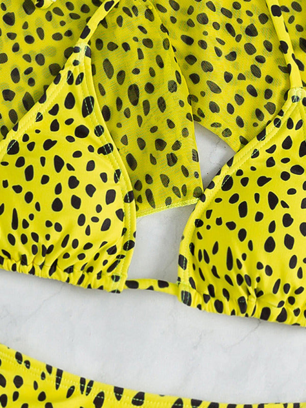 New long-sleeved mesh jacket three-piece leopard print sexy bikini swimsuit