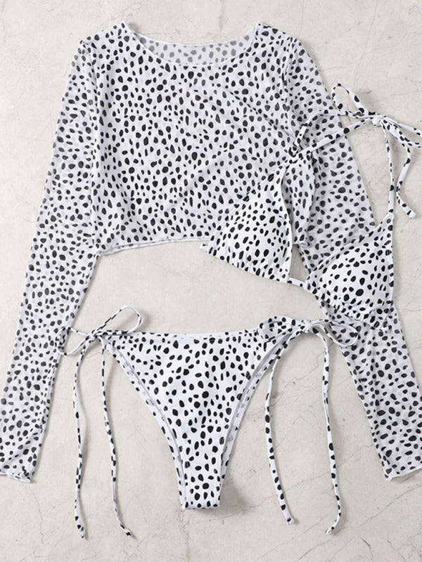 New long-sleeved mesh jacket three-piece leopard print sexy bikini swimsuit