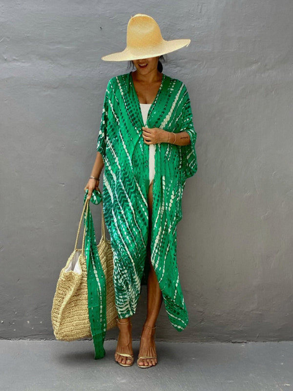 Beach Cover-Up Rayon Tie-Dye Graphic Print Cardigan