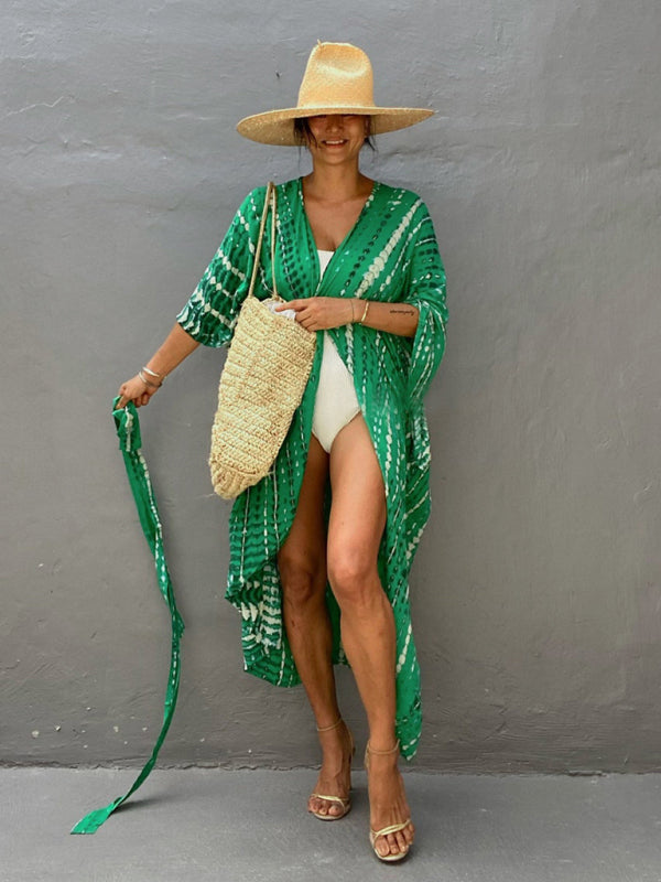 Beach Cover-Up Rayon Tie-Dye Graphic Print Cardigan