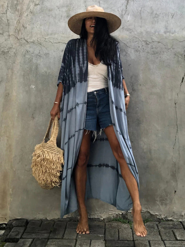 Beach Cover-Up Rayon Tie-Dye Graphic Print Cardigan
