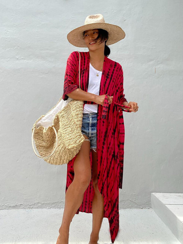 Beach Cover-Up Rayon Tie-Dye Graphic Print Cardigan