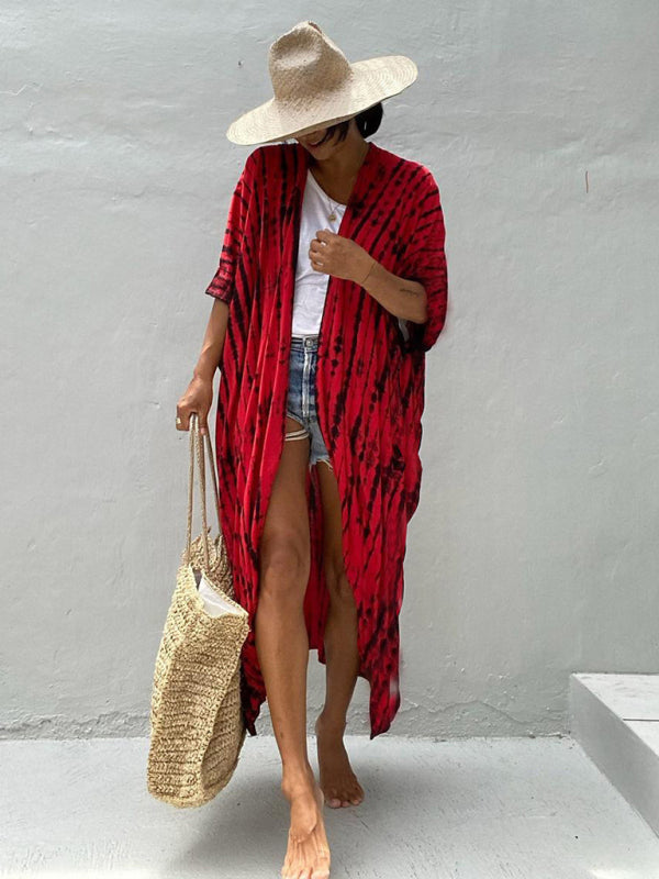 Beach Cover-Up Rayon Tie-Dye Graphic Print Cardigan