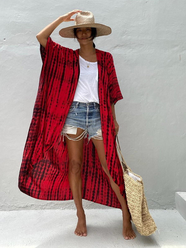 Beach Cover-Up Rayon Tie-Dye Graphic Print Cardigan