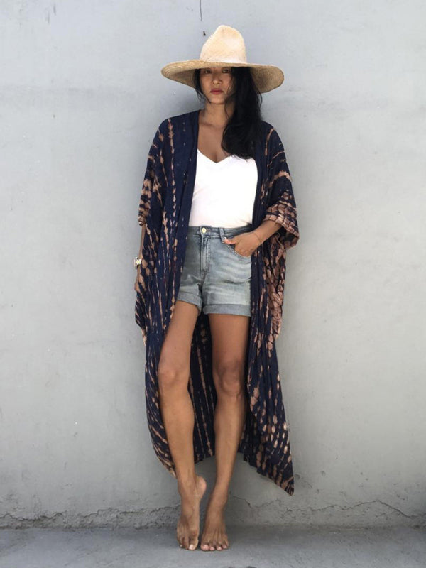 Beach Cover-Up Rayon Tie-Dye Graphic Print Cardigan