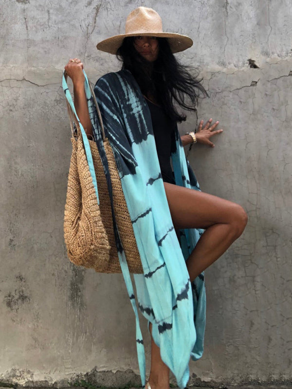 Beach Cover-Up Rayon Tie-Dye Graphic Print Cardigan