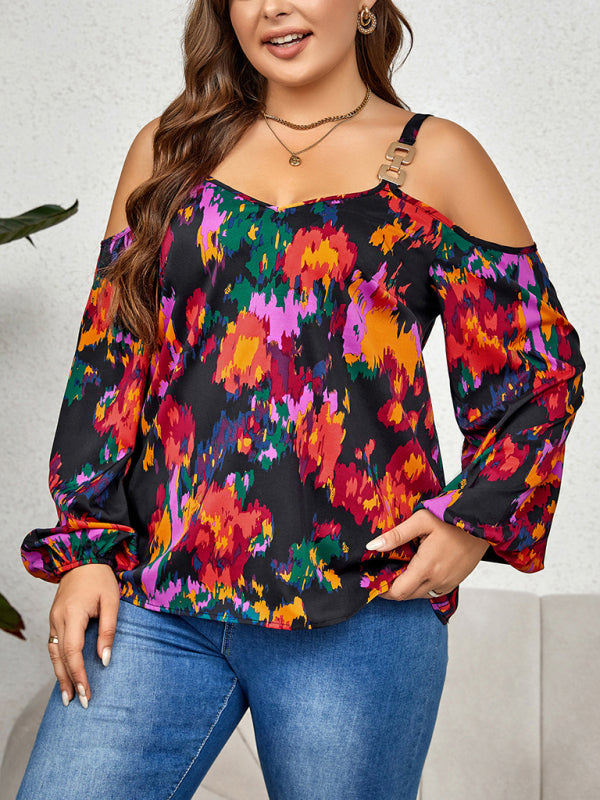Plus Size Women's Fashionable Graffiti Print Puffy Sleeve Top