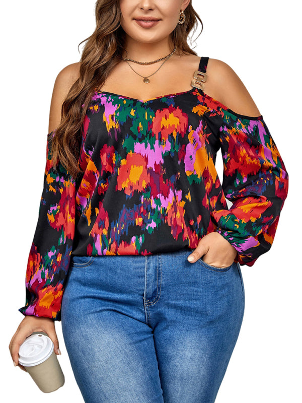 Plus Size Women's Fashionable Graffiti Print Puffy Sleeve Top