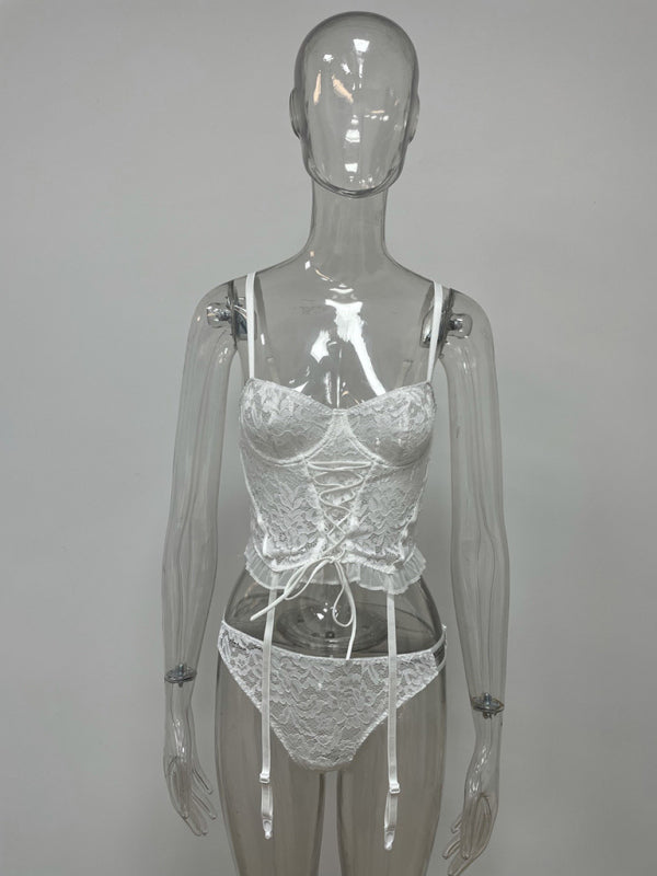 New Sexy Hollow Lace Mesh Waist Skeleton Underwear Set