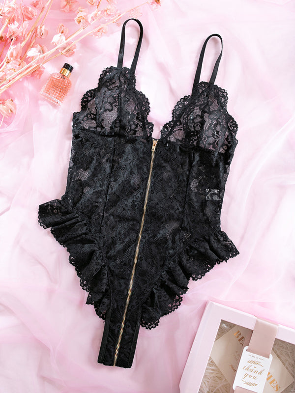Women's sexy lace stitching motorcycle zipper backless bodysuit