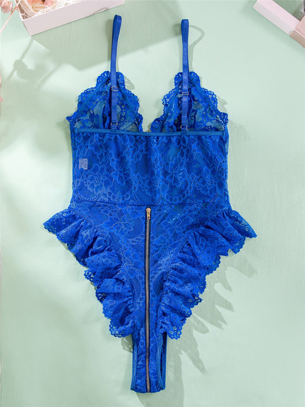 Women's sexy lace stitching motorcycle zipper backless bodysuit