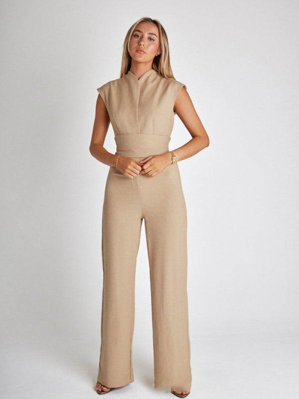 Temperament strapped waist solid color V-neck sleeveless wide-leg jumpsuit