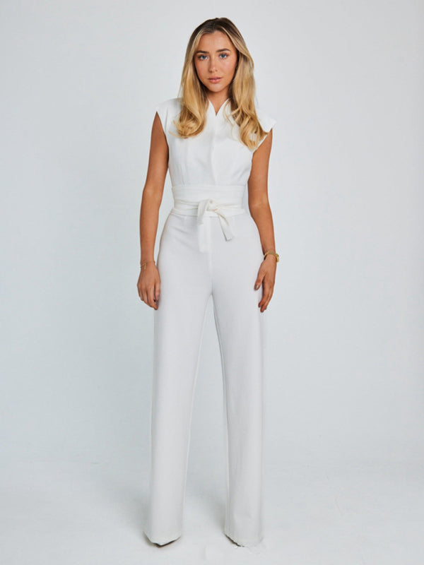 Temperament strapped waist solid color V-neck sleeveless wide-leg jumpsuit