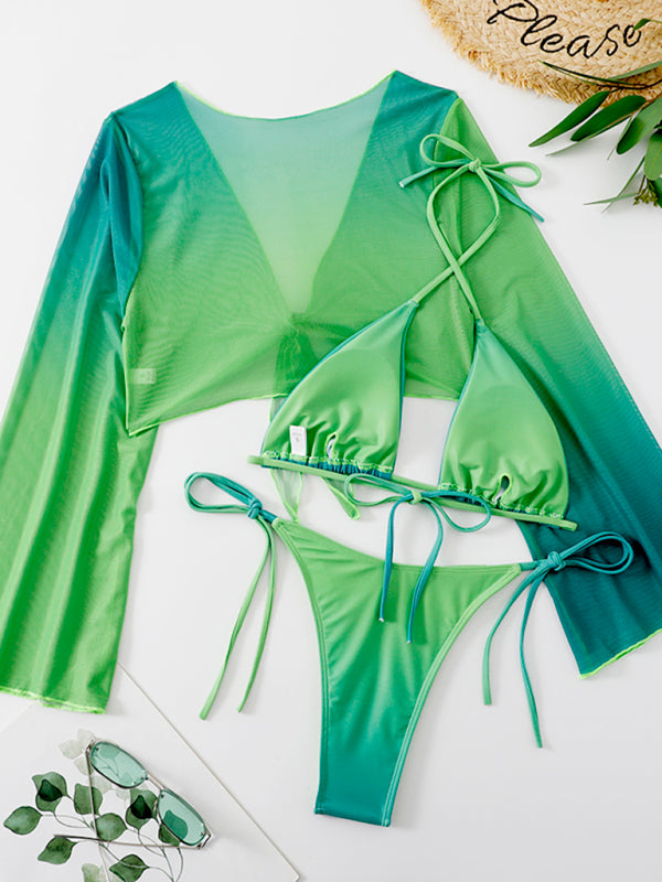 New women's three-piece mesh shawl split swimsuit high waist bikini