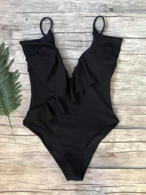 New solid color one-piece ruffled sexy shoulder swimsuit