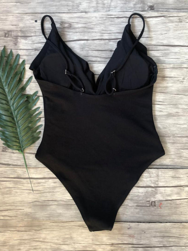 New solid color one-piece ruffled sexy shoulder swimsuit
