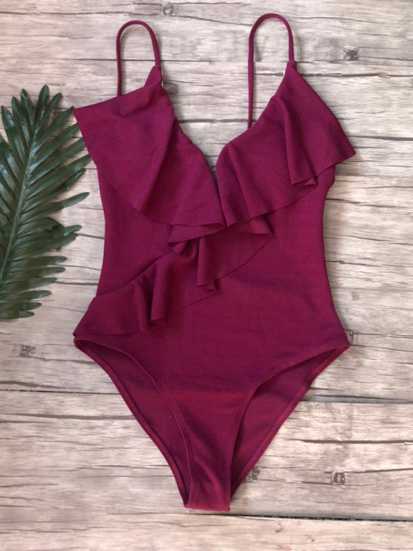 New solid color one-piece ruffled sexy shoulder swimsuit