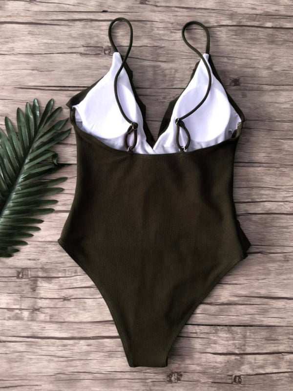New solid color one-piece ruffled sexy shoulder swimsuit