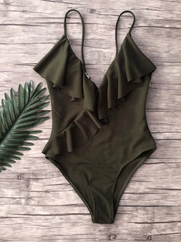 New solid color one-piece ruffled sexy shoulder swimsuit
