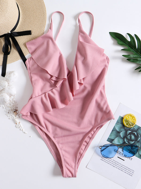 New solid color one-piece ruffled sexy shoulder swimsuit