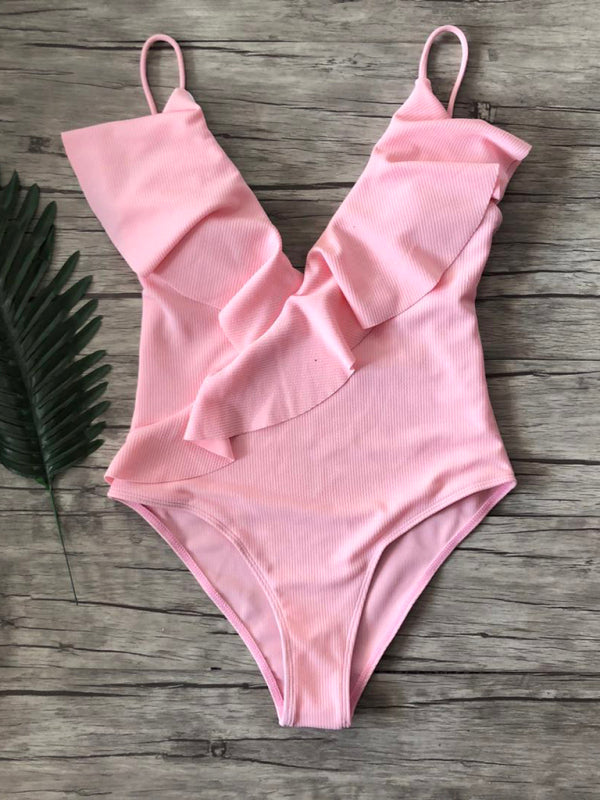 New solid color one-piece ruffled sexy shoulder swimsuit