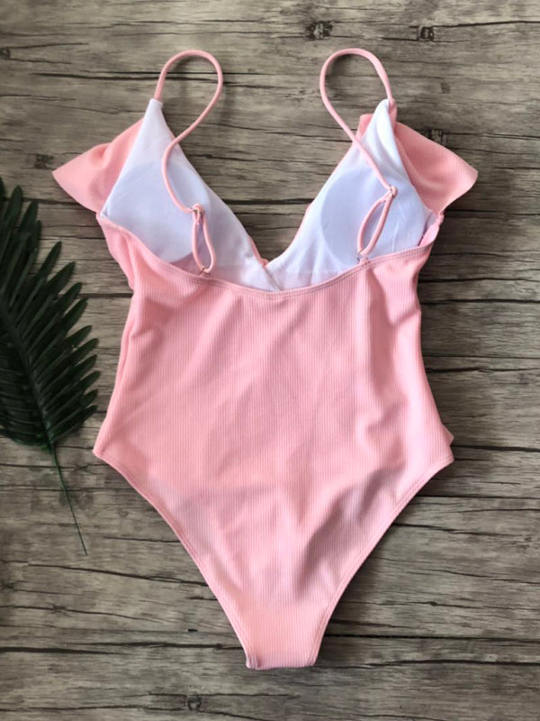 New solid color one-piece ruffled sexy shoulder swimsuit